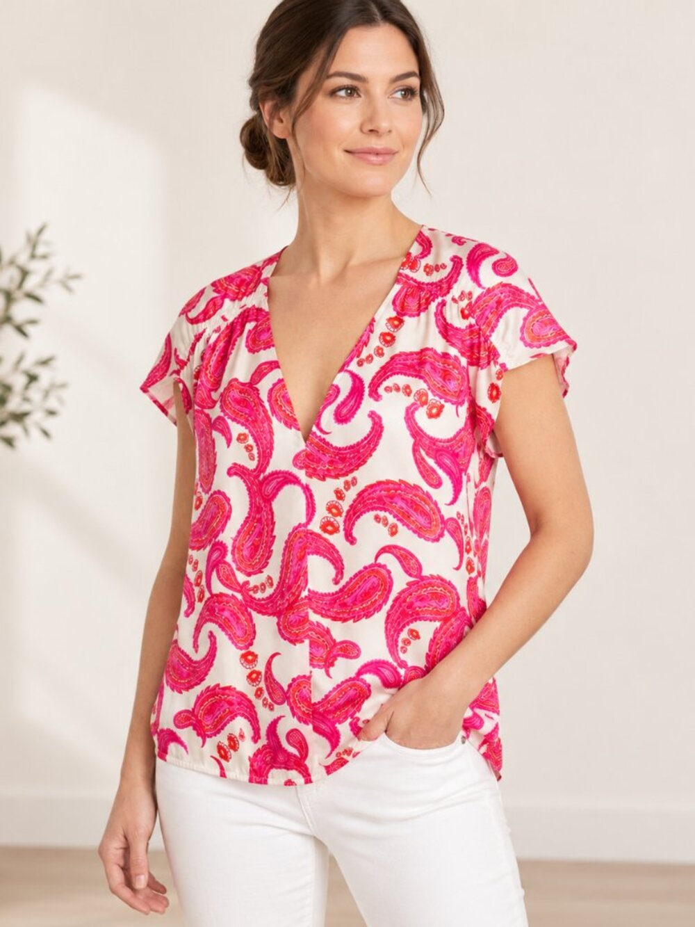 Hale Bob Fuscia & White Paisley Silk Blouson Blouse